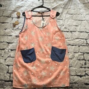 Pink Star Patterned Dress with Blue Pockets